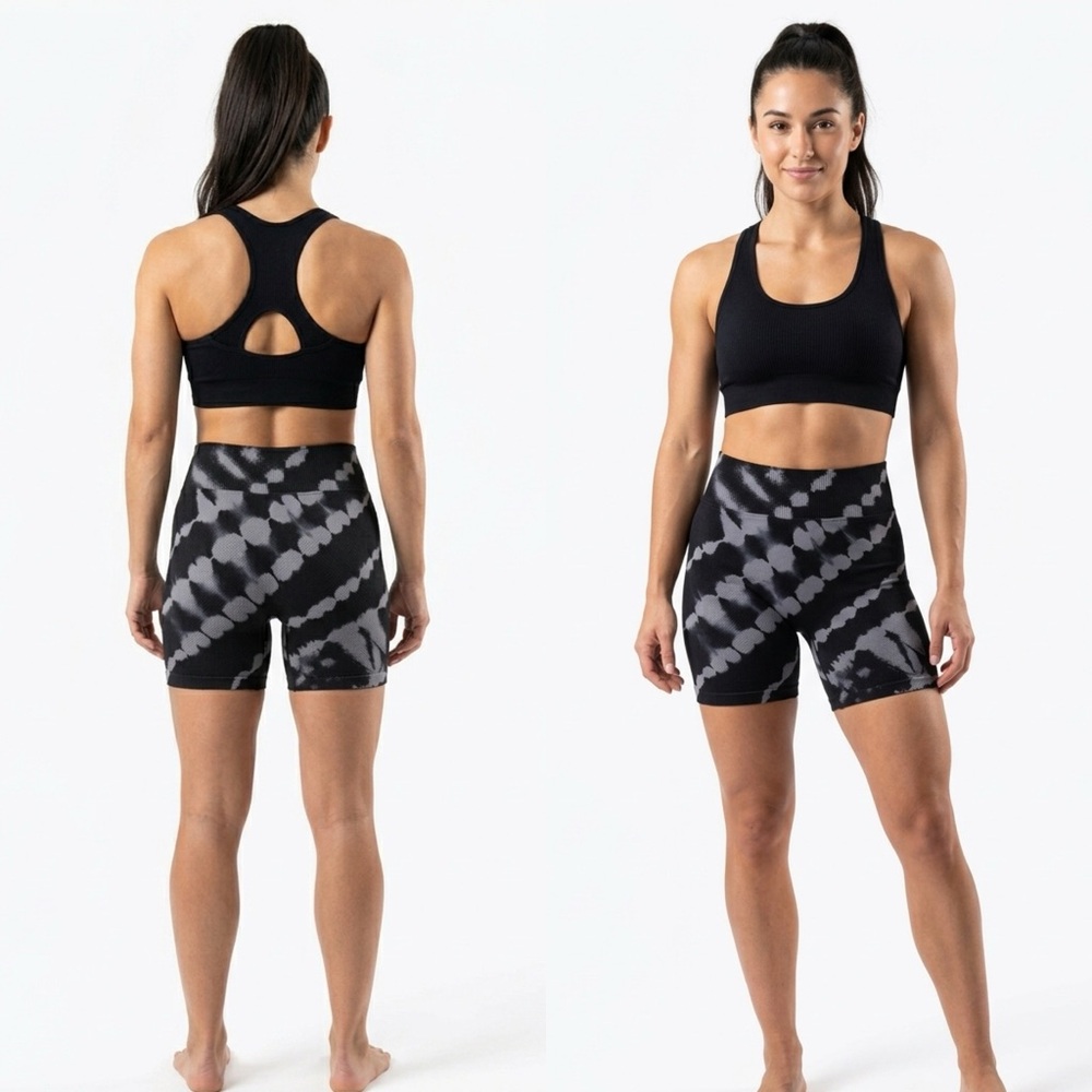 Victoria’s Secret Pink Active High Waisted Bike Black Gray Tie-Dye Shorts NWT XL